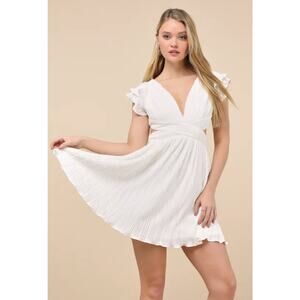 NEW Lulus Captivating Delight White Plisse Satin Lace-Up Mini Dress